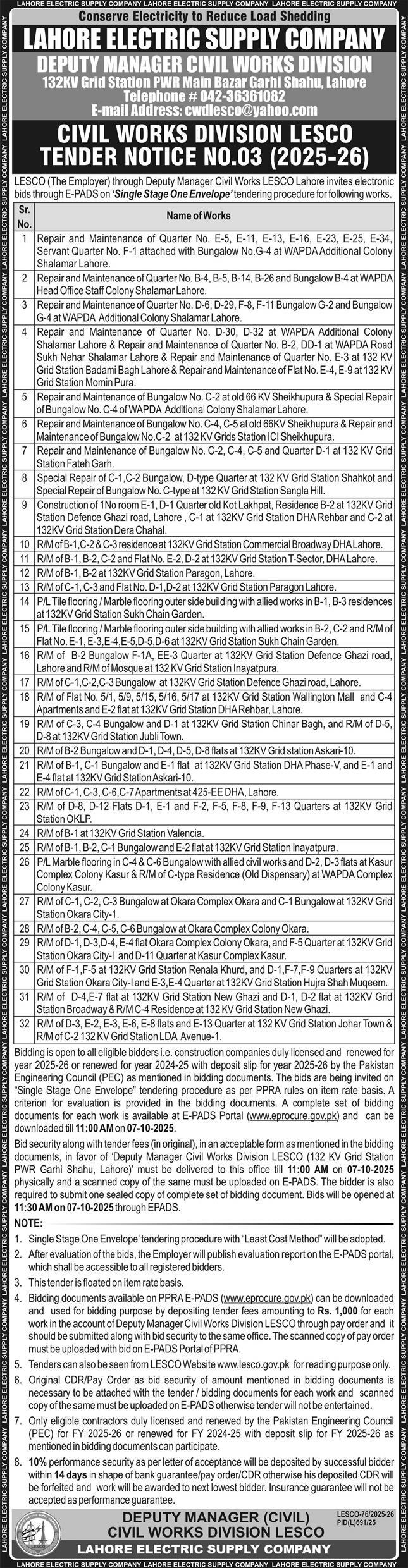 Lahore Electric Supply Company Tender Notice